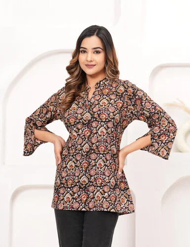 Warm Grey Printed Cotton Top with Floral Design - Raworiya
